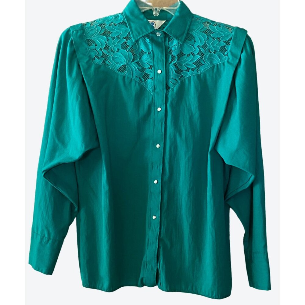 Miss Rodeo America Women's Large Aqua Green Pearl Snap Floral Crochet Shirt